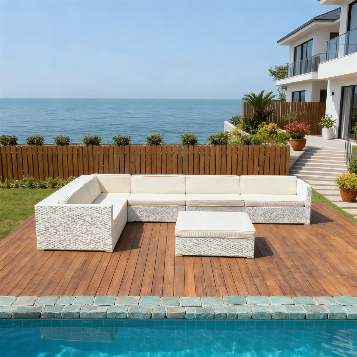 White Wicker L - Shaped Outdoor Sectional Set with Beige Cushions & Ottoman – Stylish Patio Furniture