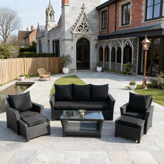 Dark Grey Wicker Outdoor Lounge Set with Black Cushions & Glass Coffee Table – Stylish Patio Furniture