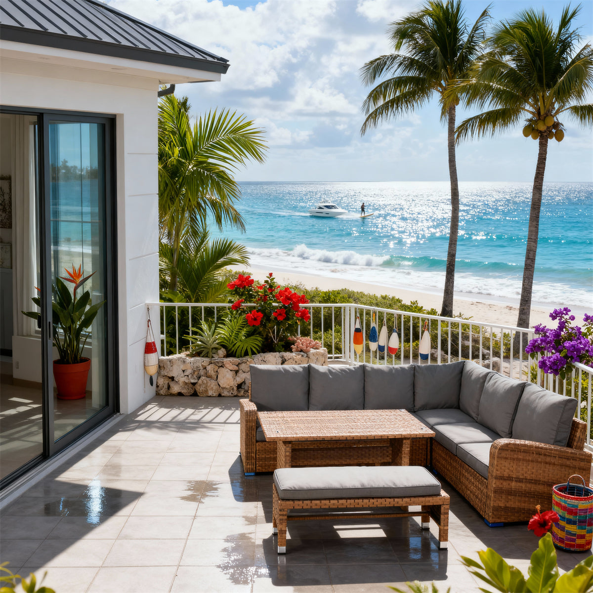 SFTZ2624 Light Brown Rattan Curved Outdoor Lounge Set with Dark Grey Cushions – Cayman Islands Beachfront Modern Villa Patio Luxury Outdoor Social Furniture Set