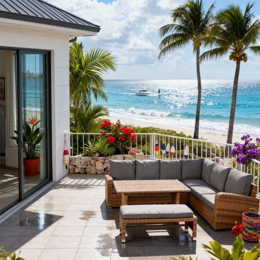 SFTZ2624 Light Brown Rattan Curved Outdoor Lounge Set with Dark Grey Cushions – Cayman Islands Beachfront Modern Villa Patio Luxury Outdoor Social Furniture Set