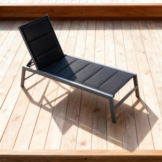 TYSF2530 Grey Metal-Frame Black Mesh Adjustable Outdoor Sun Lounger – Okinawa Japan Coastal Terrace Luxury Minimalist Outdoor Reclining Sunbed