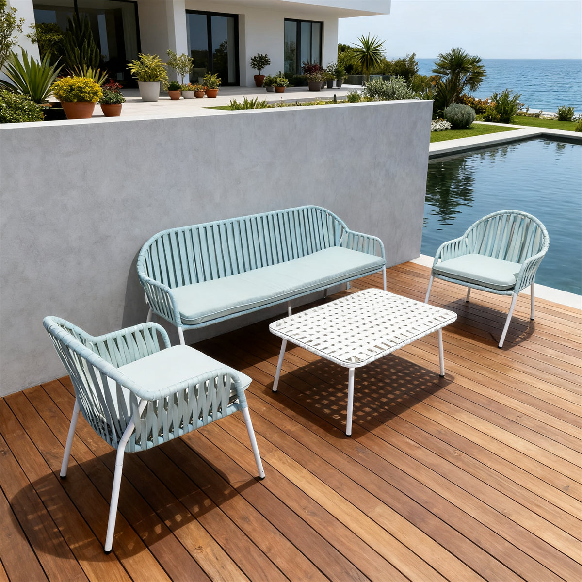 Light Blue Woven Outdoor Lounge Set with White Perforated Coffee Table – Stylish Patio Furniture