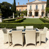 TBDS252701 Cream Wicker Italian Villa Luxury Outdoor Dining Set with Cushion-Free Design & Black Glass Rectangular Table