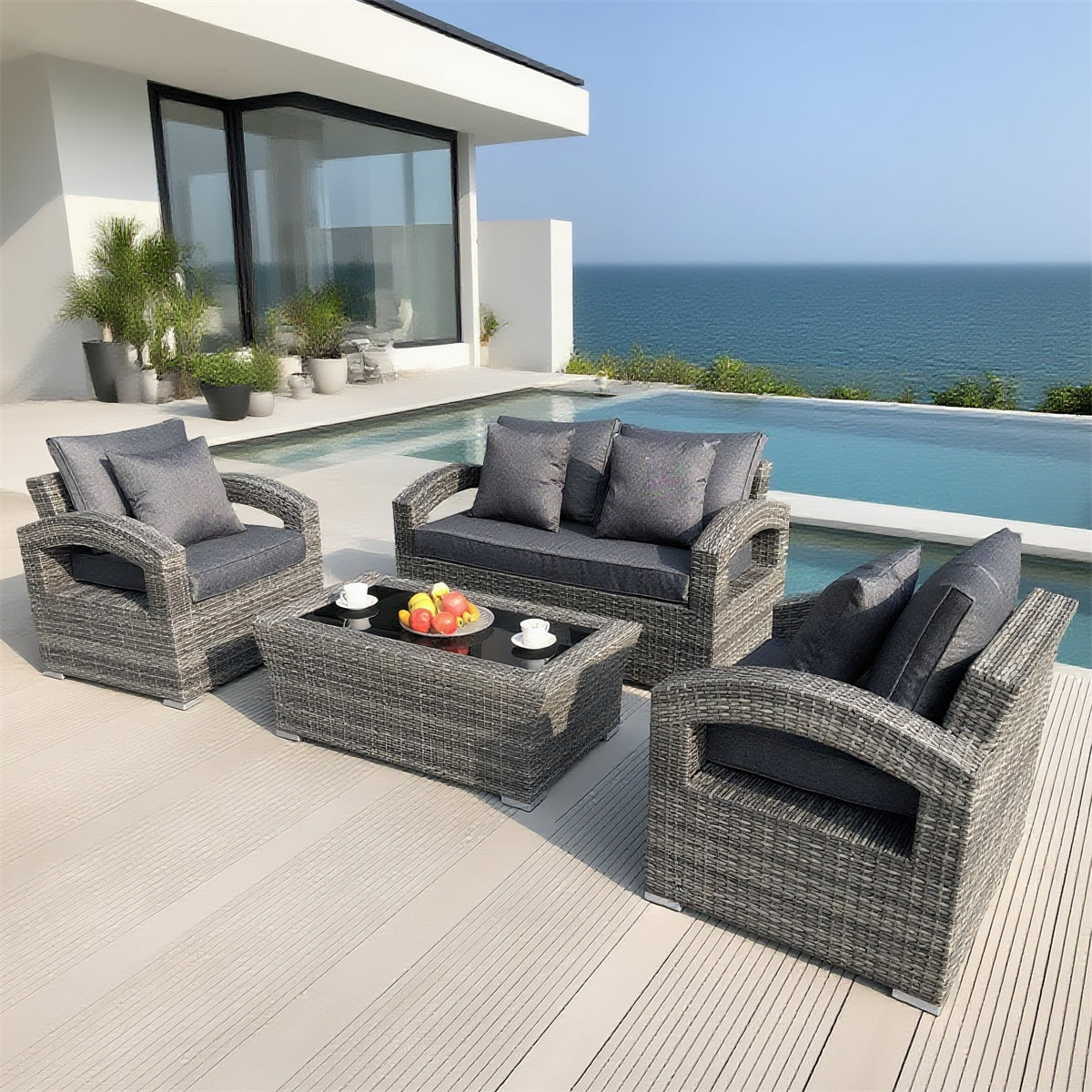 Grey Wicker Outdoor Lounge Set with Glass Coffee Table – Stylish Patio Furniture