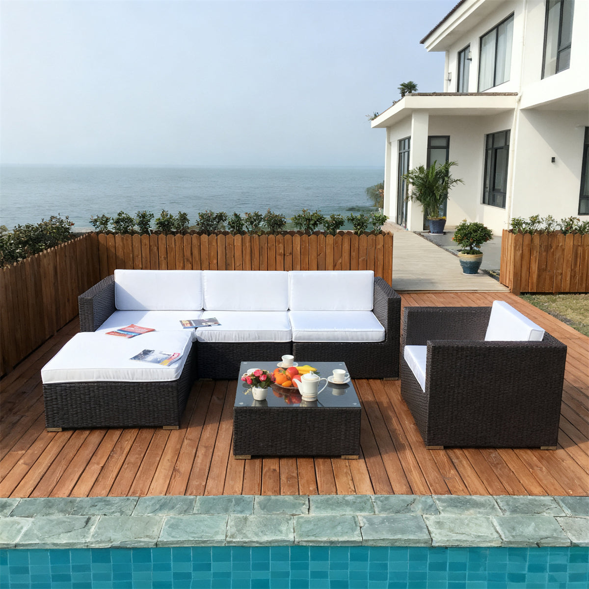 Dark Brown Wicker L - Shaped Outdoor Sectional Set with White Cushions & Glass Coffee Table – Stylish Patio Furniture