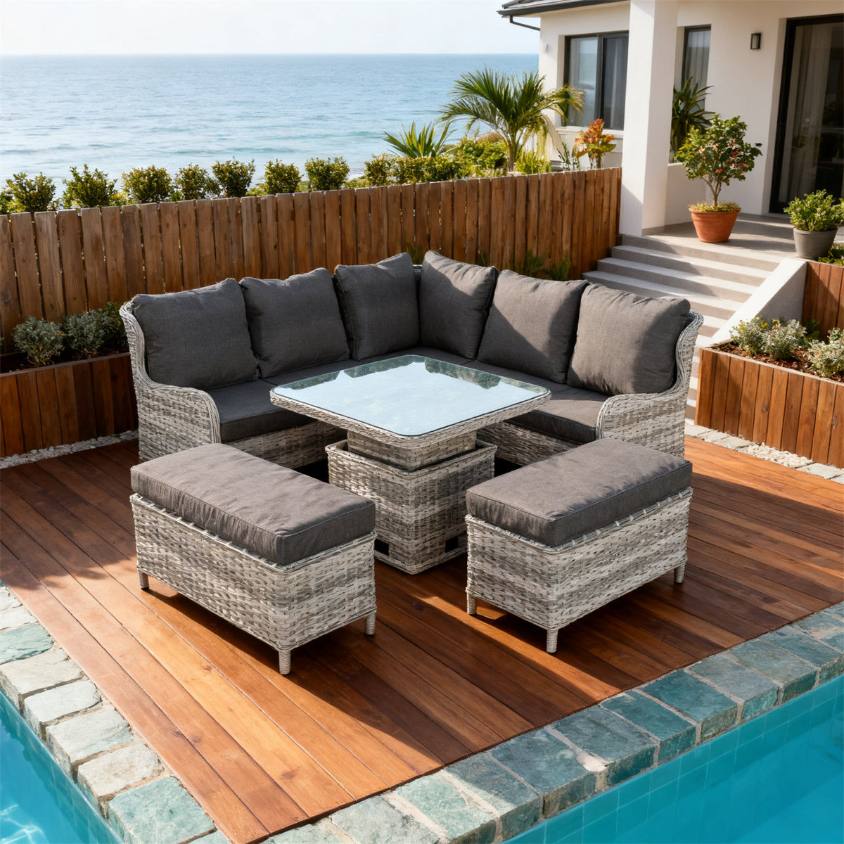Grey Wicker L - Shaped Outdoor Sectional Set with Glass Coffee Table & Ottomans – Stylish Patio Furniture