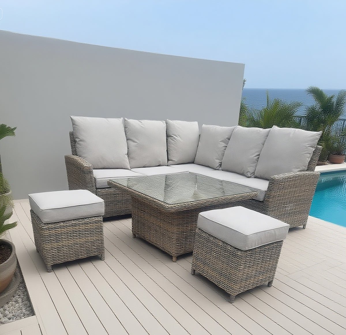 Grey Wicker L - Shaped Outdoor Sectional Set with Glass Coffee Table & Ottomans – Stylish Patio Furniture