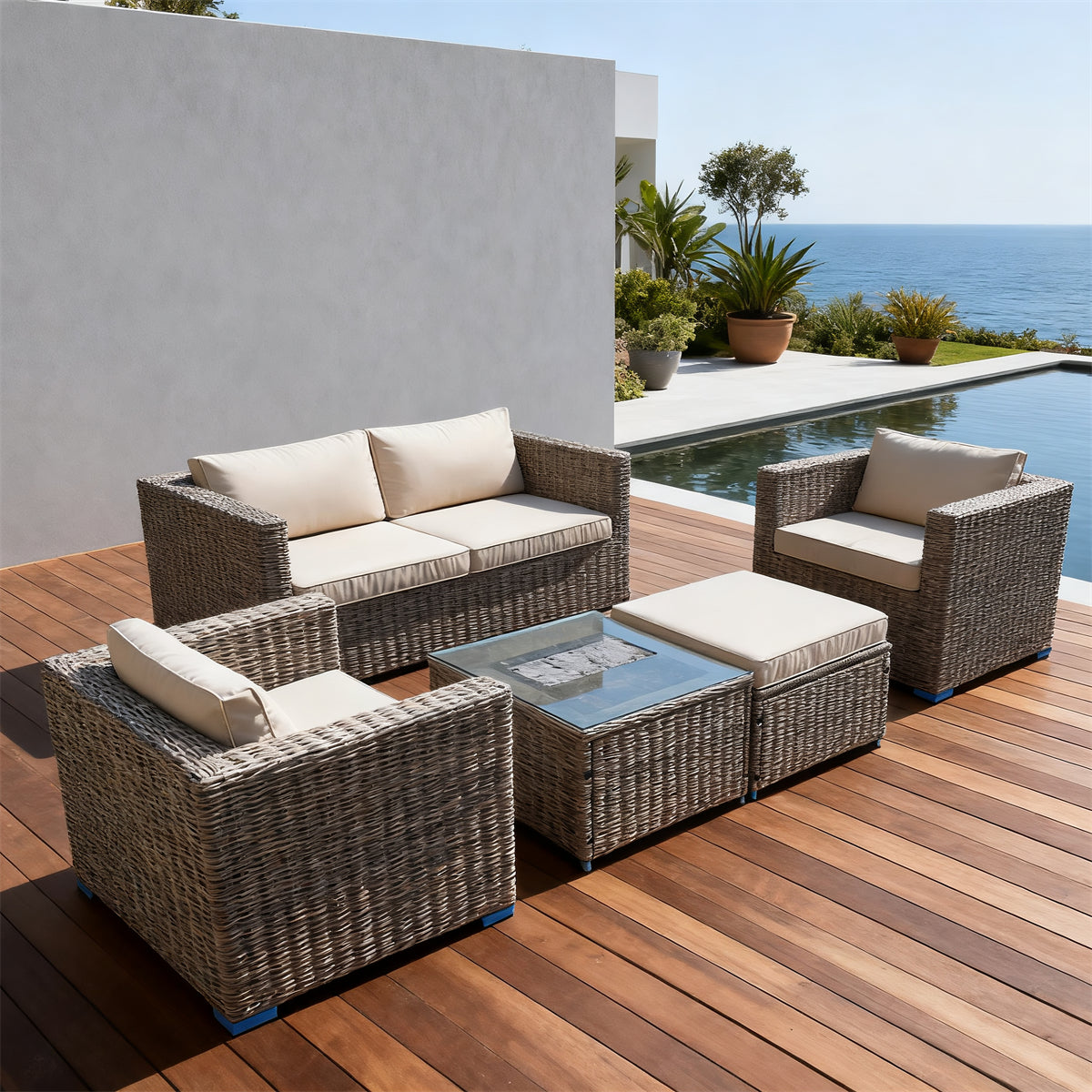 Grey Wicker Outdoor Lounge Set with Glass Coffee Table & Ottoman – Stylish Patio Furniture