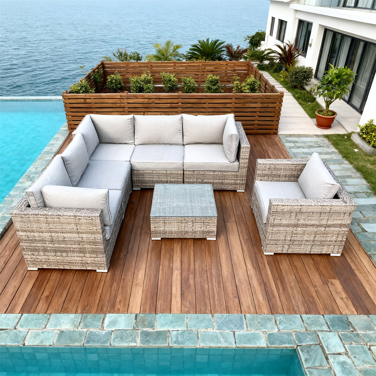 Grey Wicker L - Shaped Outdoor Sectional Set with Glass Coffee Table – Stylish Patio Furniture