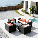 SFTZ261205 Black Wicker Outdoor Lounge Set with White & Orange Cushions – Modern Coastal Pool Villa Patio Vibrant Luxury Outdoor Social Furniture Set