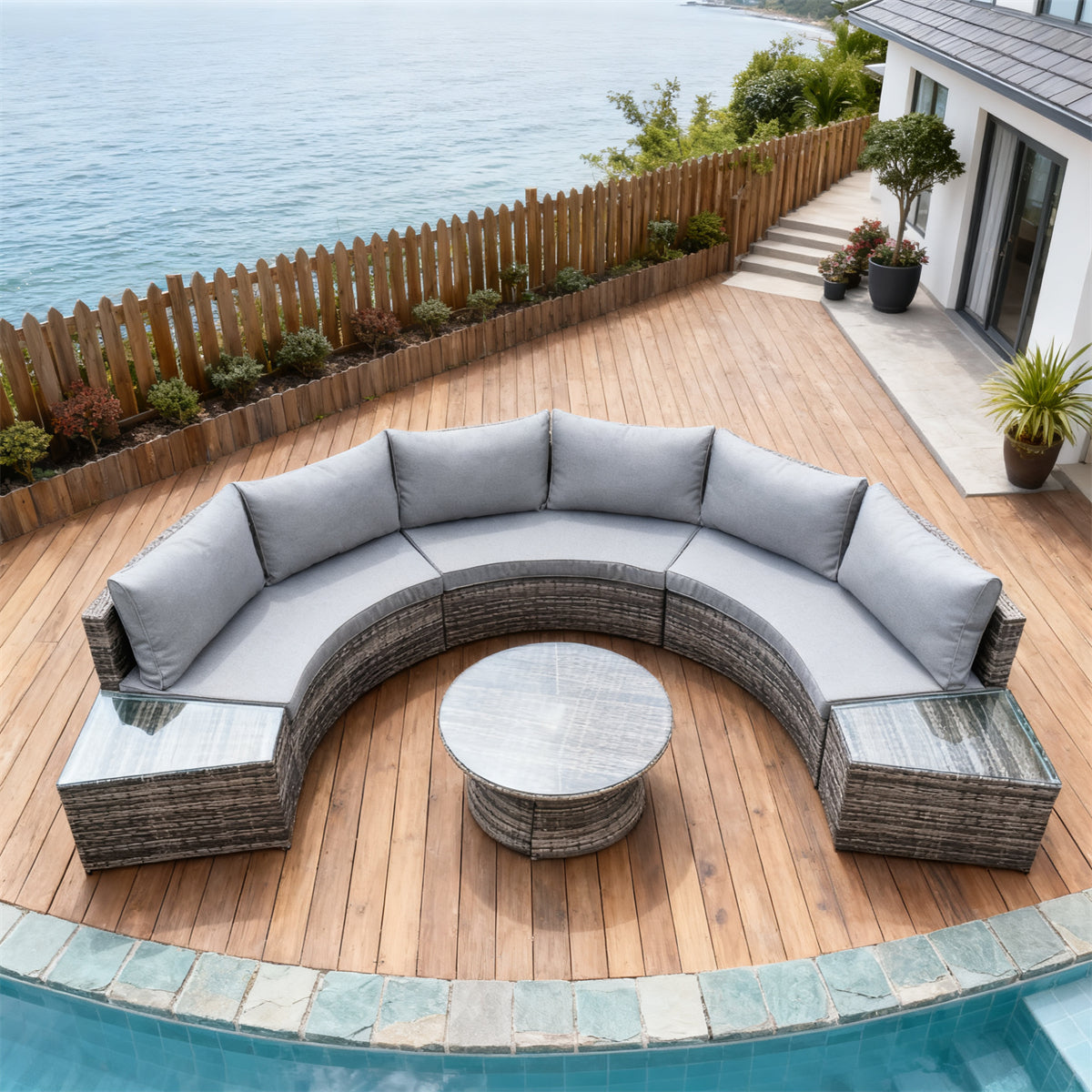 Mixed Brown Wicker Curved Outdoor Sectional Set with Light Grey Cushions, Round Glass Coffee Table & Side Tables – Stylish Patio Furniture