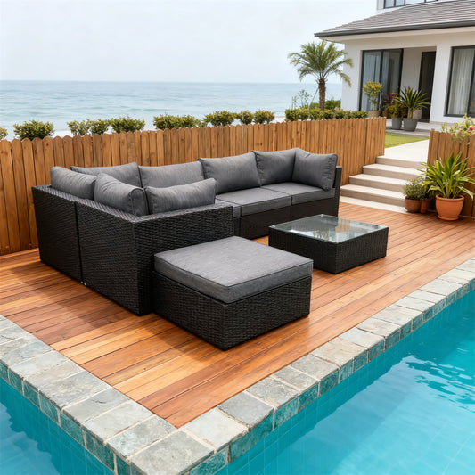 Dark Brown Wicker L - Shaped Outdoor Sectional Set with Grey & Brown Cushions, Glass Coffee Table & Ottoman – Stylish Patio Furniture
