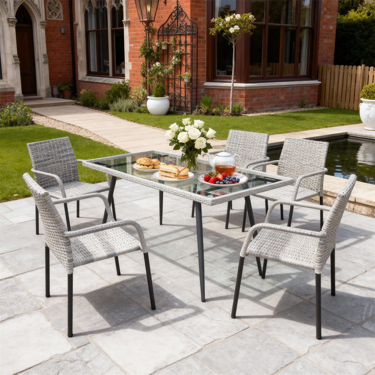 TBDS2528 Light Grey Wicker & Black Metal English Gothic Luxury Outdoor Dining Set with Cushion-Free Design & Clear Glass Rectangular Table