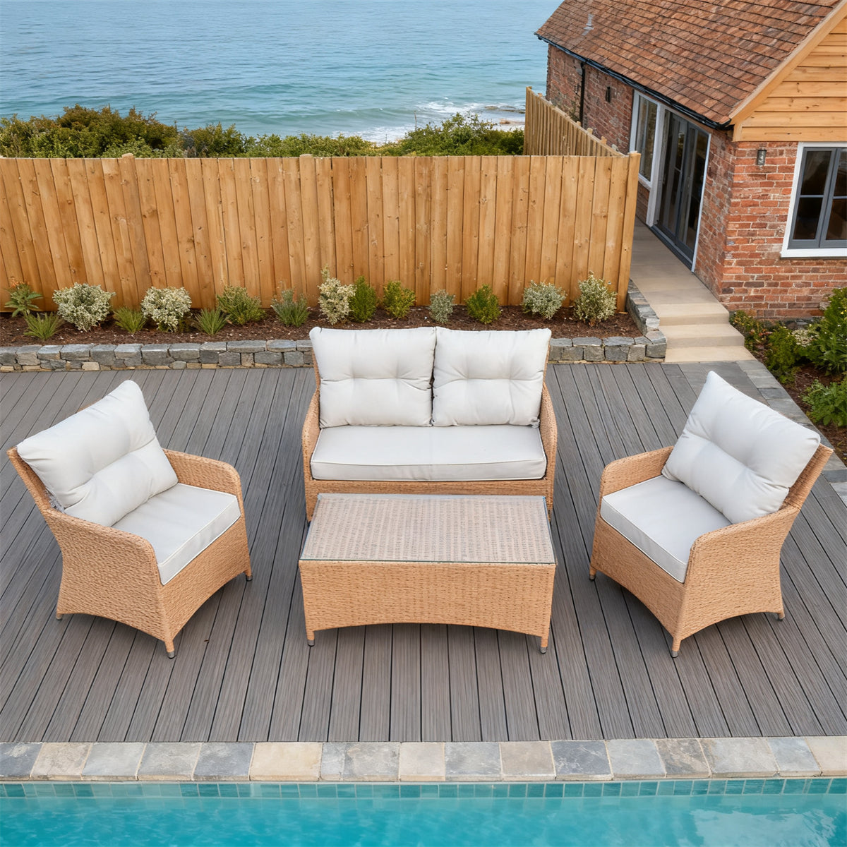 Light Brown Wicker Outdoor Lounge Set with Beige Cushions & Glass Coffee Table – Stylish Patio Furniture