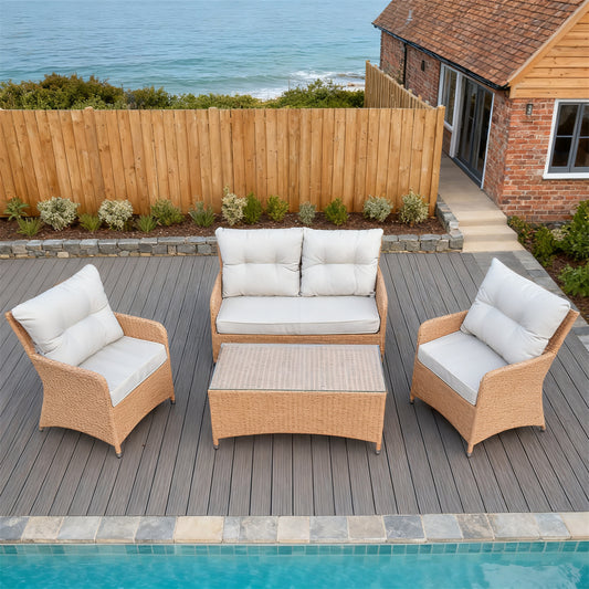 Light Brown Wicker Outdoor Lounge Set with Beige Cushions & Glass Coffee Table – Stylish Patio Furniture