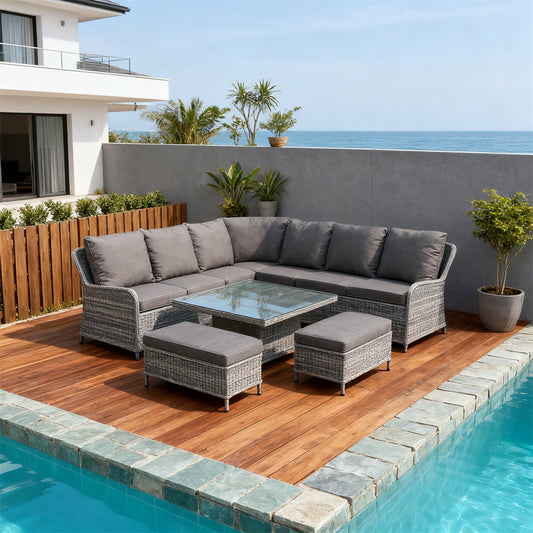 Grey Wicker L - Shaped Outdoor Sectional Set with Glass Coffee Table & Ottomans – Stylish Patio Furniture