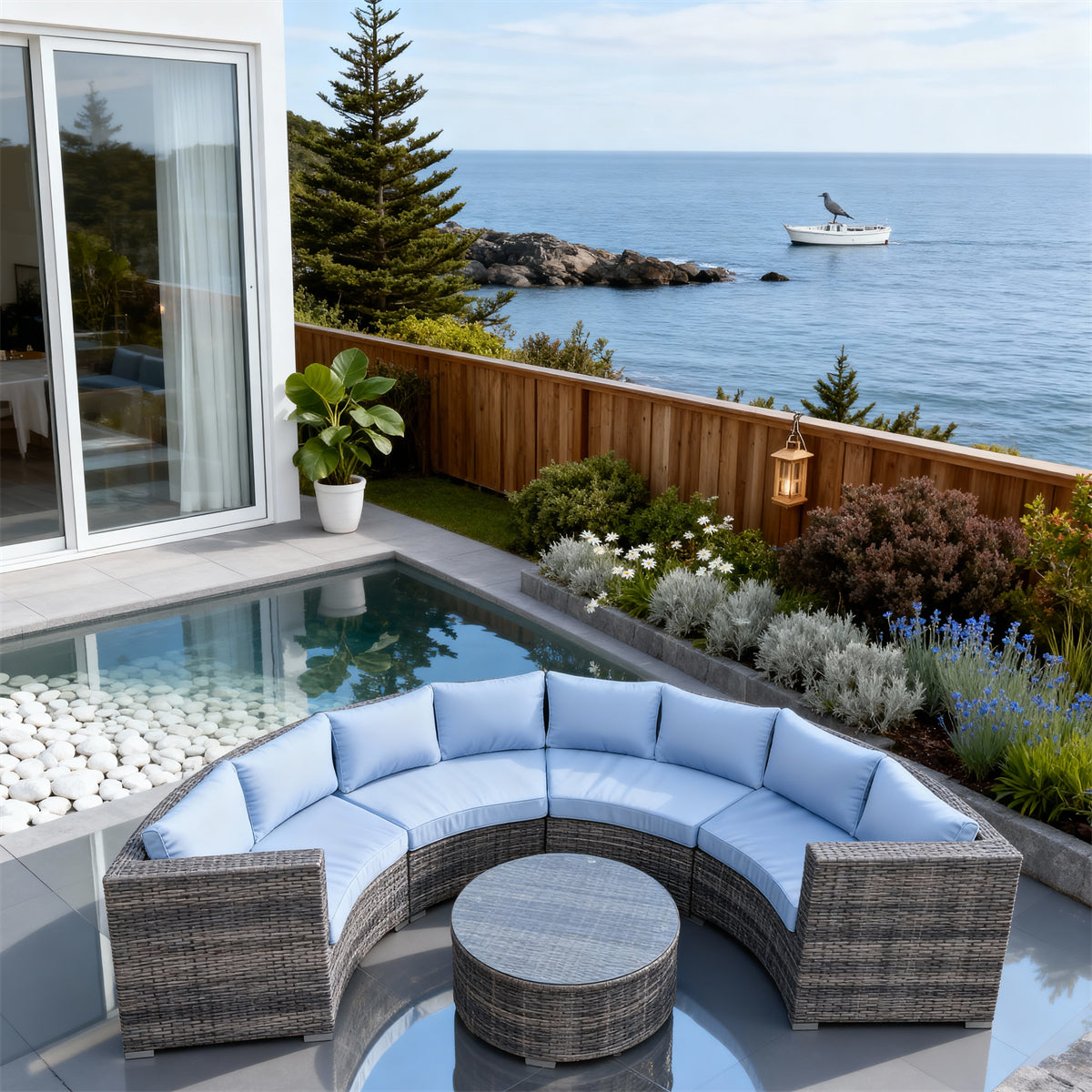 SFTZ2631 Grey-Brown Woven Wicker Curved Outdoor Lounge Set with Light Blue Cushions – New Zealand Coastal Cliff Pool Villa Patio Luxury Outdoor Social Furniture Set