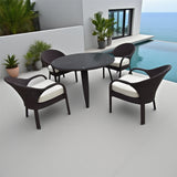 TBDS2516 Dark Brown Wicker Modern Luxury Outdoor Dining Set with Cream Cushions & Black Glass Round Dining Table – Stylish Patio Furniture