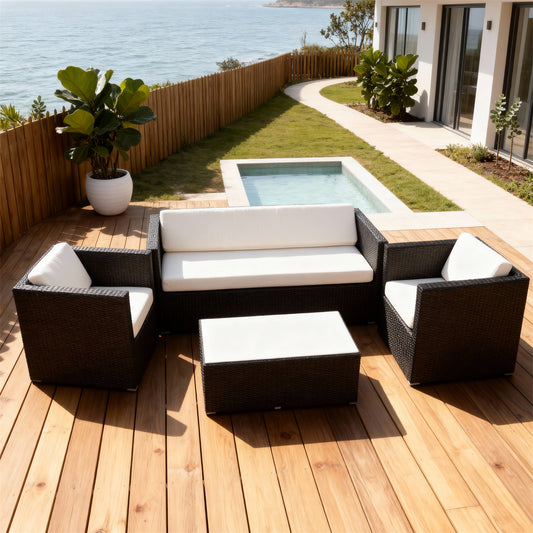 SFTZ261204 Black Wicker Outdoor Lounge Set with White Cushions – Modern Coastal Pool Villa Patio Luxury Social Furniture Set
