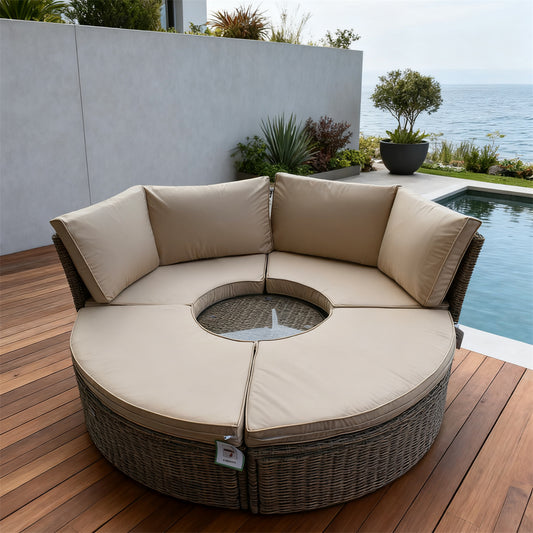 Grey Wicker Round Outdoor Lounge Sofa with Central Glass Table – Stylish Patio Furniture