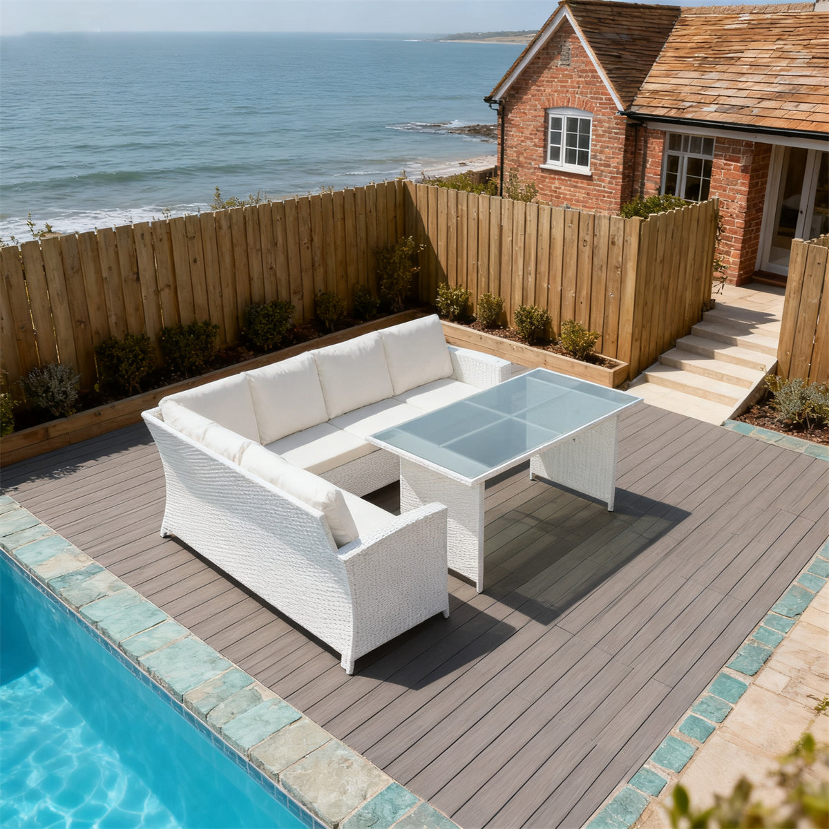 White Wicker L - Shaped Outdoor Sectional Set with White Cushions & Clear Glass Dining Table – Stylish Patio Furniture
