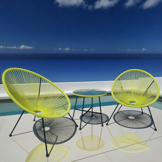 BST250205 Vibrant Yellow Radial Weave & Black Metal Frame Coastal Skyline Poolside Luxury 2-Piece Outdoor Bistro Set – Matching Yellow Glass Round Table