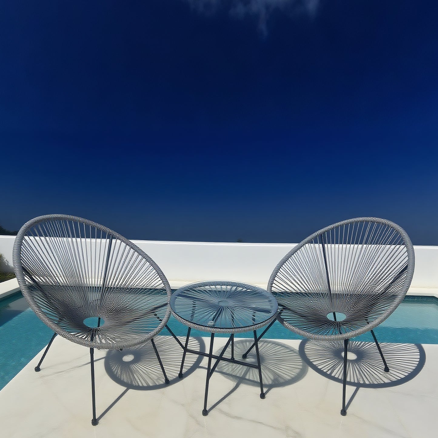BST250206 Light Grey Radial Weave & Black Metal Frame Santorini-Style Poolside 2-Piece Outdoor Bistro Set – Clear Glass Round Table