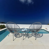 BST250206 Light Grey Radial Weave & Black Metal Frame Santorini-Style Poolside 2-Piece Outdoor Bistro Set – Clear Glass Round Table