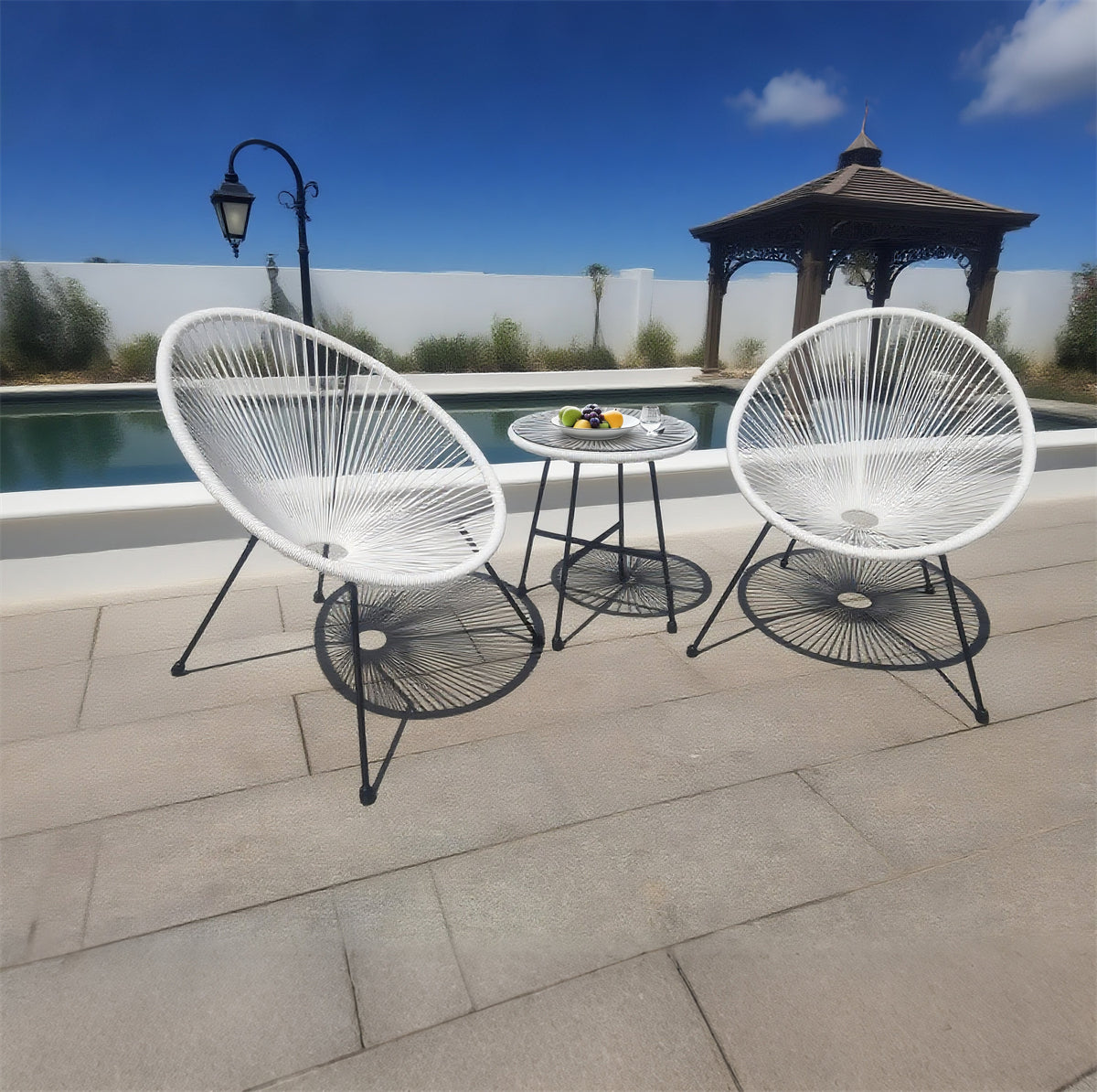 BST250201 White Woven Rope & Black Metal Frame Luxury Poolside Nightscape 2-Piece Outdoor Bistro Set – Glass Round Table