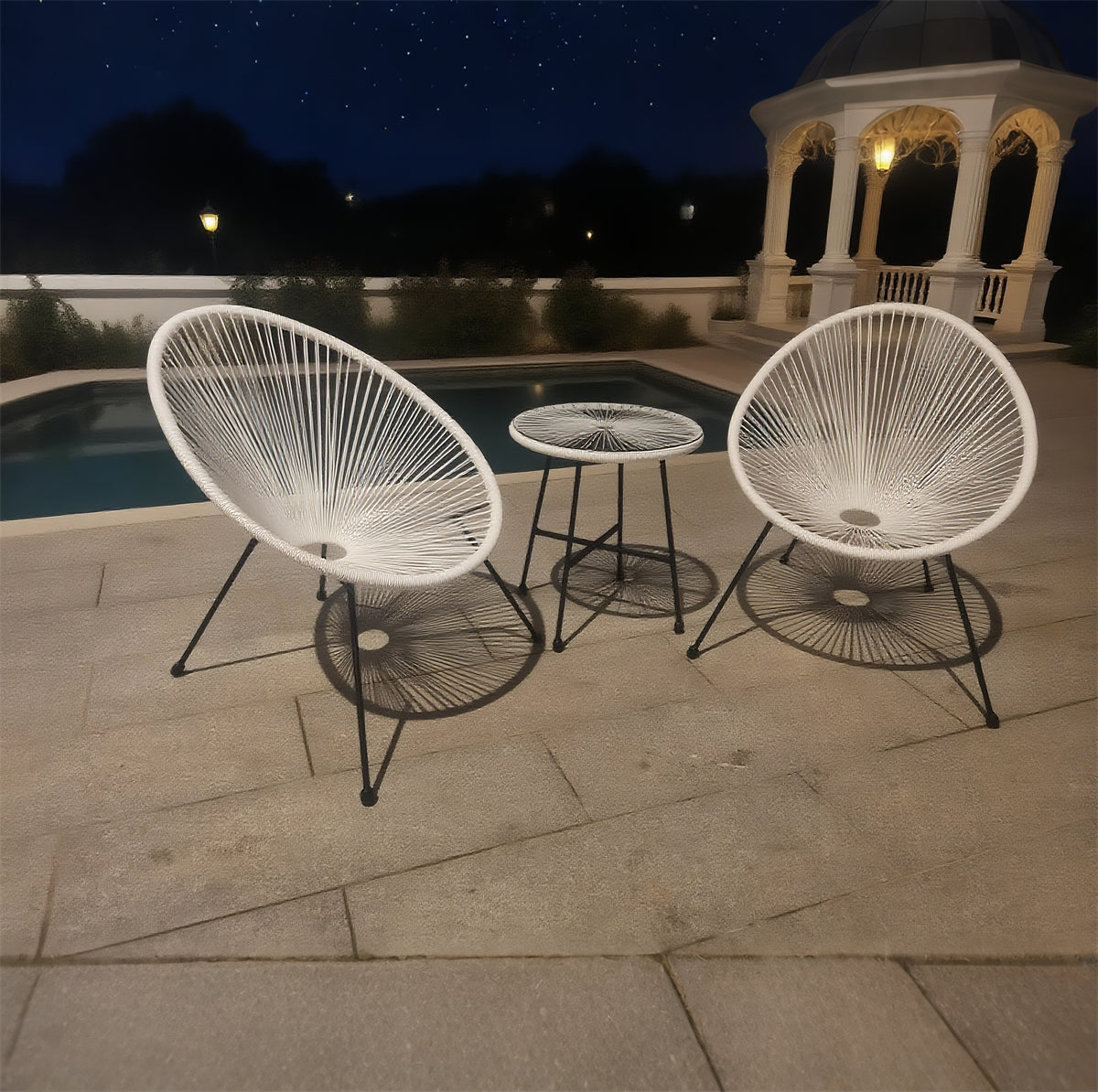 BST250201 White Woven Rope & Black Metal Frame Luxury Poolside Nightscape 2-Piece Outdoor Bistro Set – Glass Round Table