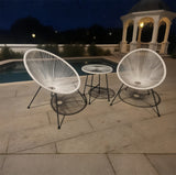 BST250201 White Woven Rope & Black Metal Frame Luxury Poolside Nightscape 2-Piece Outdoor Bistro Set – Glass Round Table