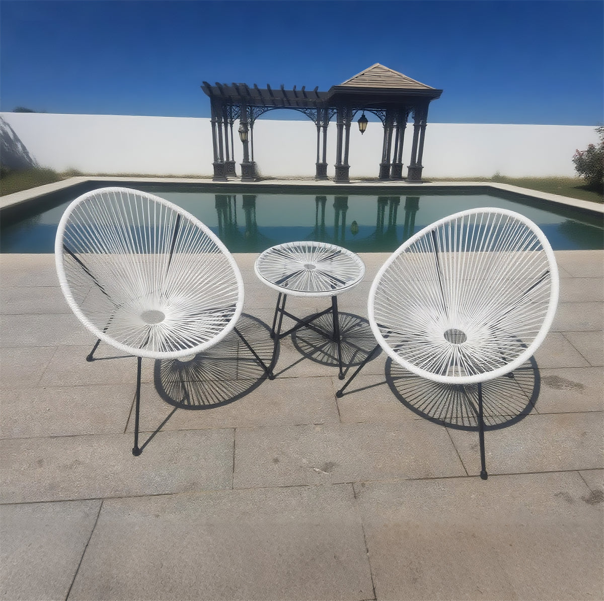 BST250201 White Woven Rope & Black Metal Frame Luxury Poolside Nightscape 2-Piece Outdoor Bistro Set – Glass Round Table