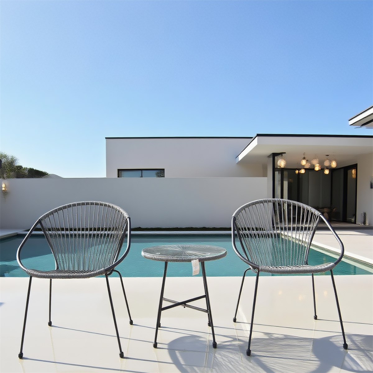 BST2503 Charcoal Grey Radial Weave & Black Metal Frame Modern Minimalist Pool Patio 2-Piece Outdoor Bistro Set – Matching Weave Round Table