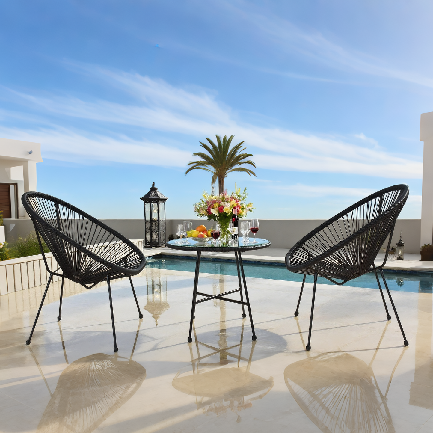 BST2504 Lime Blue Radial Weave & Black Metal Frame Santorini-Style Pool Patio 2-Piece Outdoor Bistro Set – Matching Blue Glass Oval Table