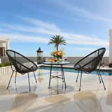 BST2504 Lime Blue Radial Weave & Black Metal Frame Santorini-Style Pool Patio 2-Piece Outdoor Bistro Set – Matching Blue Glass Oval Table