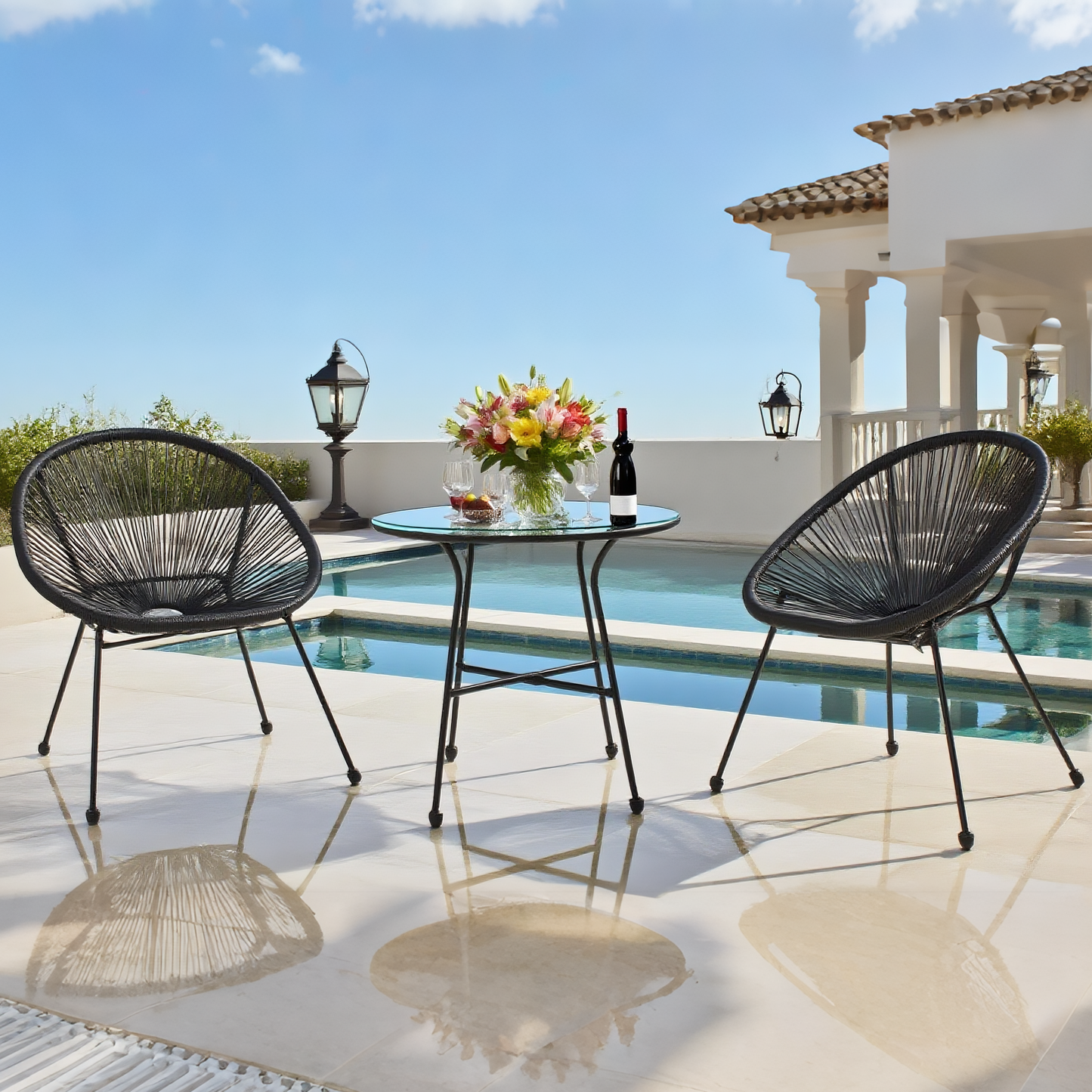 BST2504 Lime Blue Radial Weave & Black Metal Frame Santorini-Style Pool Patio 2-Piece Outdoor Bistro Set – Matching Blue Glass Oval Table