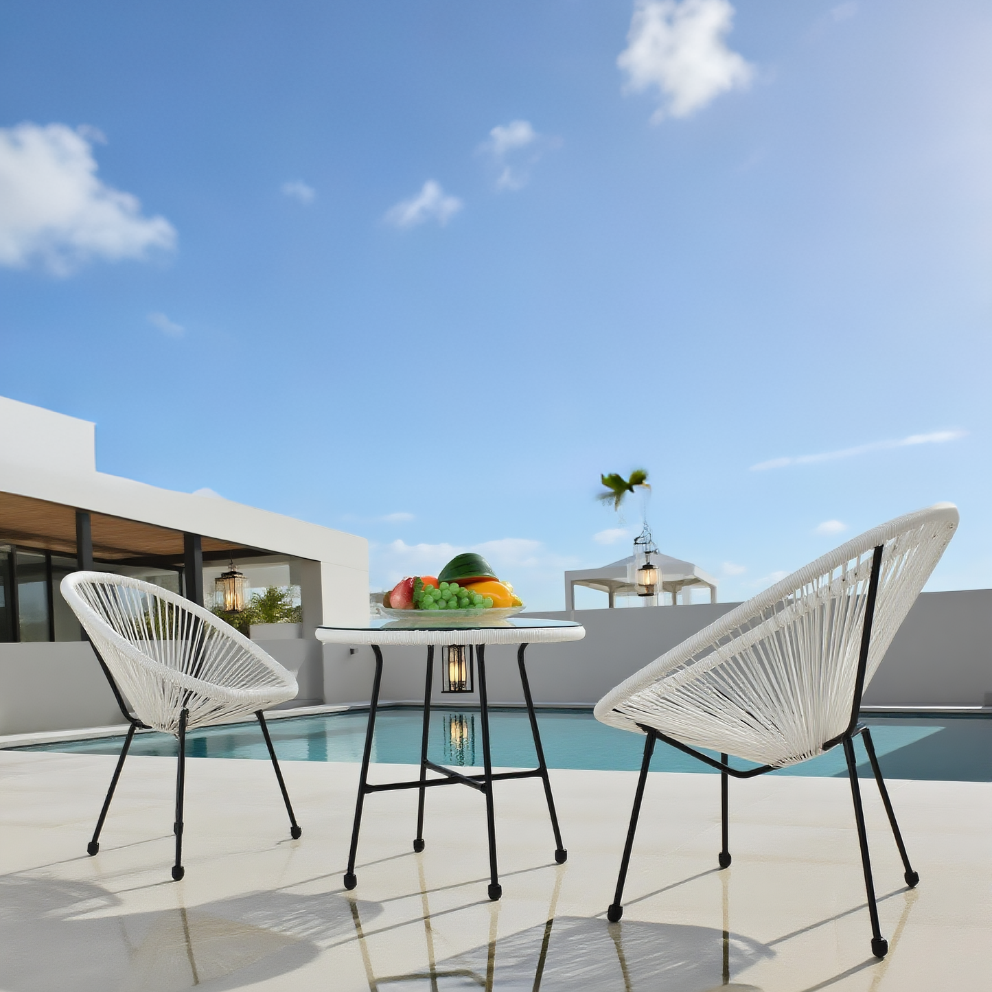 BST2504 Lime Blue Radial Weave & Black Metal Frame Santorini-Style Pool Patio 2-Piece Outdoor Bistro Set – Matching Blue Glass Oval Table