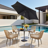 BST2505 Natural Rattan & Black Metal Frame Modern Pool Patio Luxury 4-Piece Outdoor Dining Set – Round Glass Table with Sun Umbrella