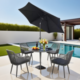 BST2505 Natural Rattan & Black Metal Frame Modern Pool Patio Luxury 4-Piece Outdoor Dining Set – Round Glass Table with Sun Umbrella