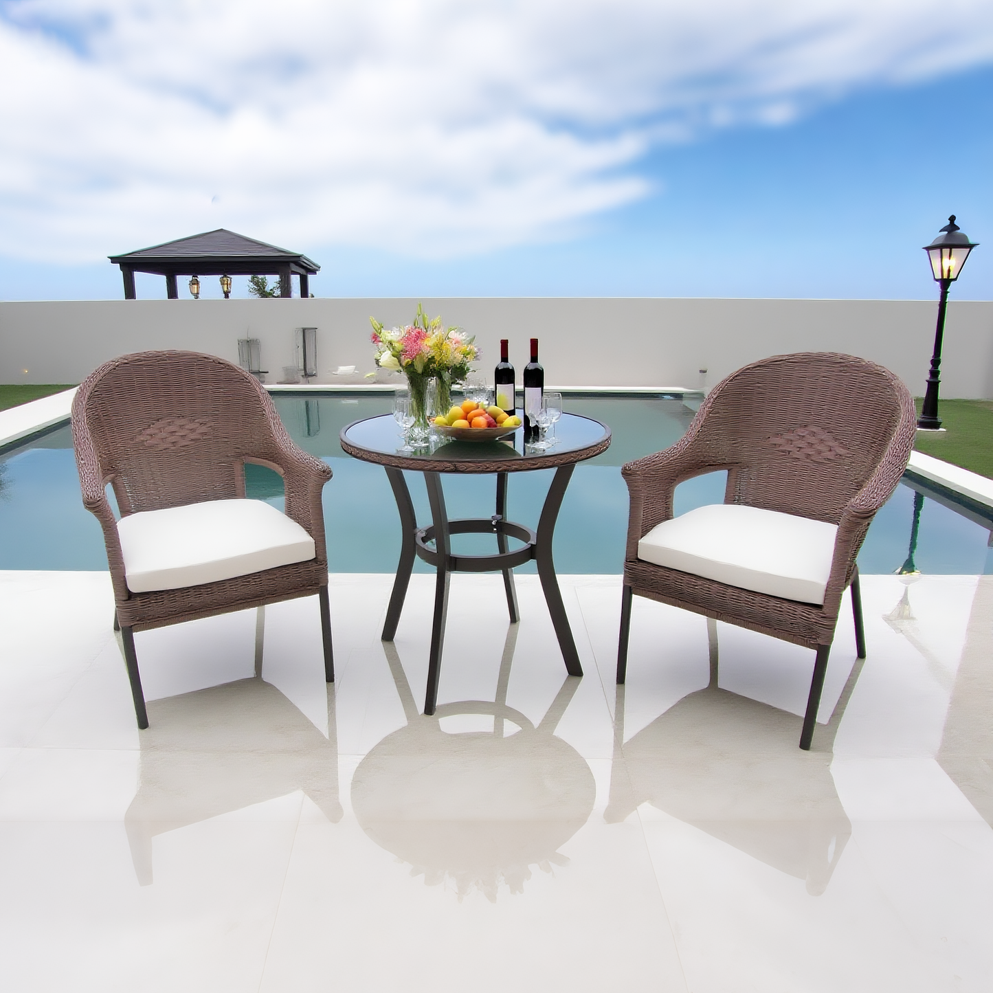BST2506 Dark Brown Wicker & Black Metal Frame Luxury Pool Patio 2-Piece Outdoor Bistro Dining Set – Glass Round Table