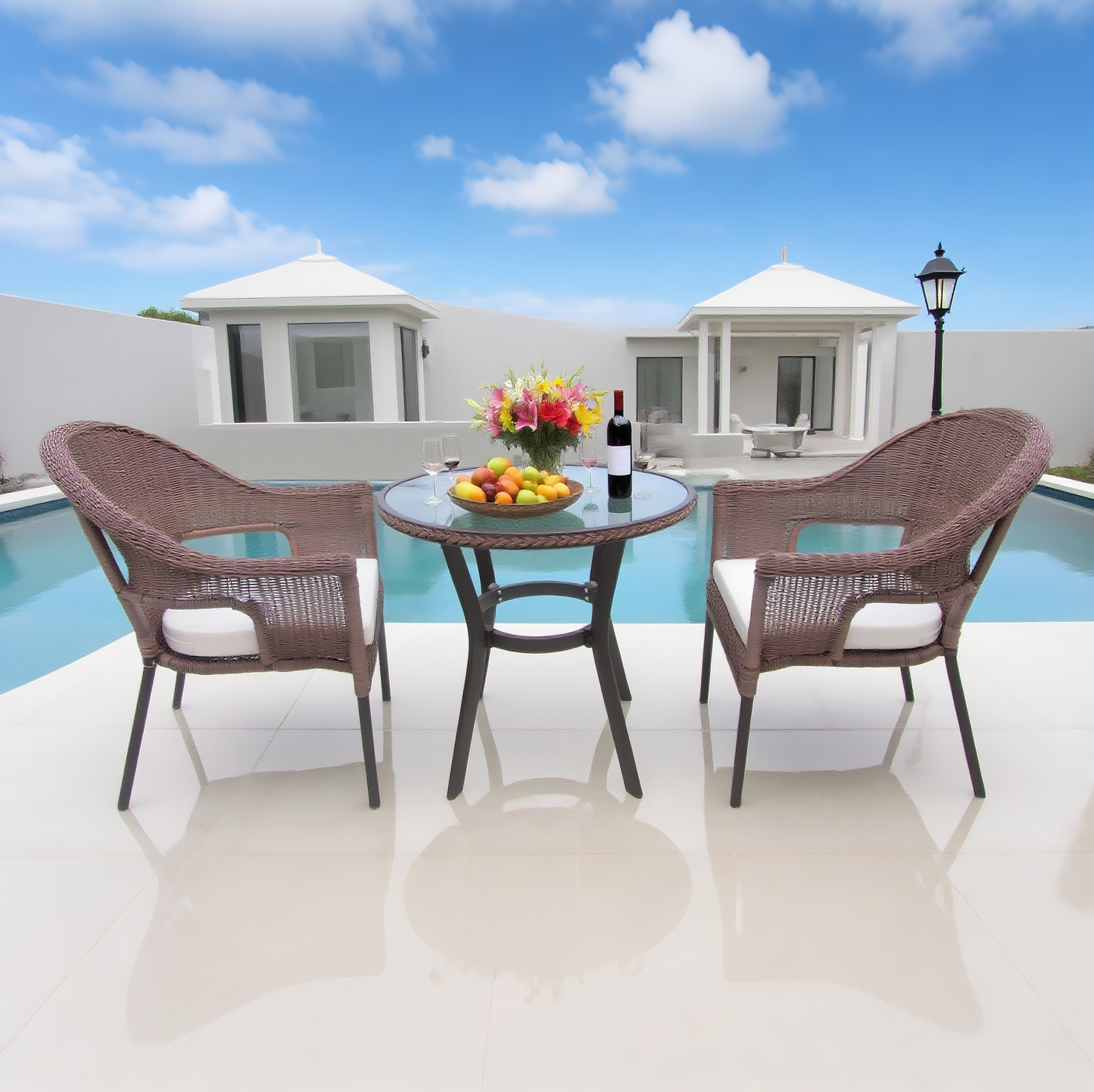 BST2506 Dark Brown Wicker & Black Metal Frame Luxury Pool Patio 2-Piece Outdoor Bistro Dining Set – Glass Round Table