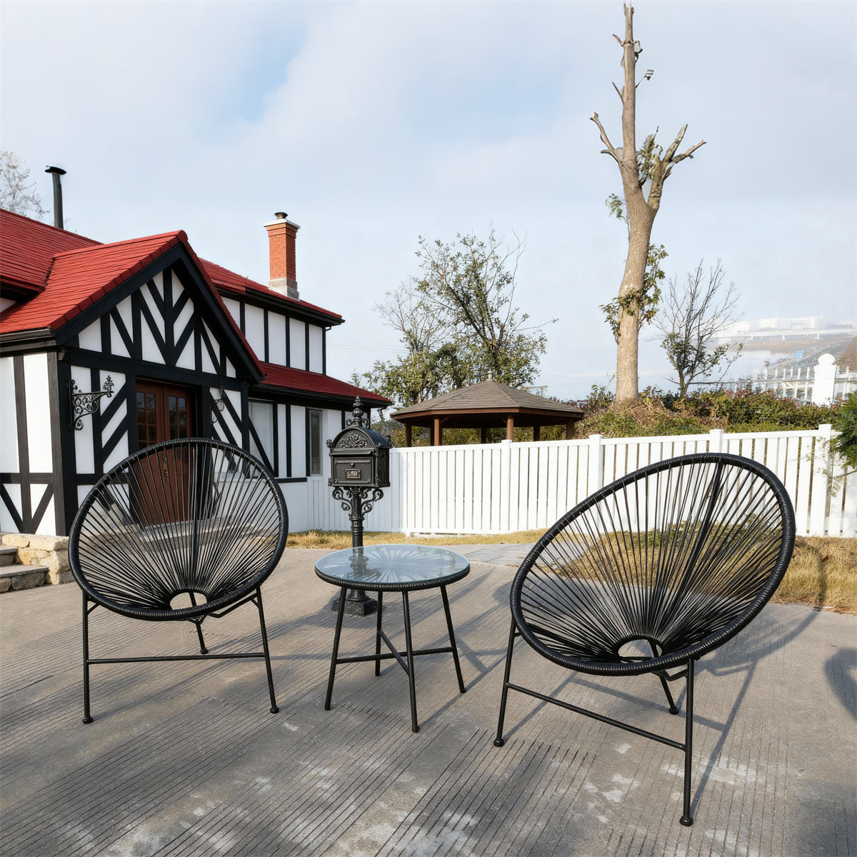 BST250701 All-Black Radial Weave & Metal Frame English Tudor Waterfront Patio 2-Piece Outdoor Bistro Set – Glass Round Table