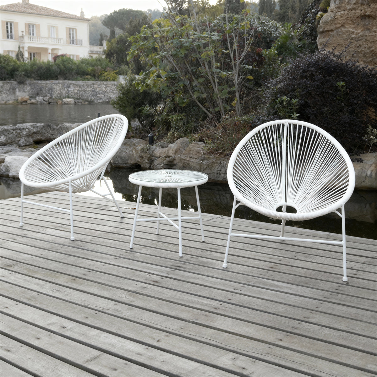 BST250702 All-White Radial Weave & Metal Frame French Chateau Waterfront Patio 2-Piece Outdoor Bistro Set – Matching White Glass Round Table