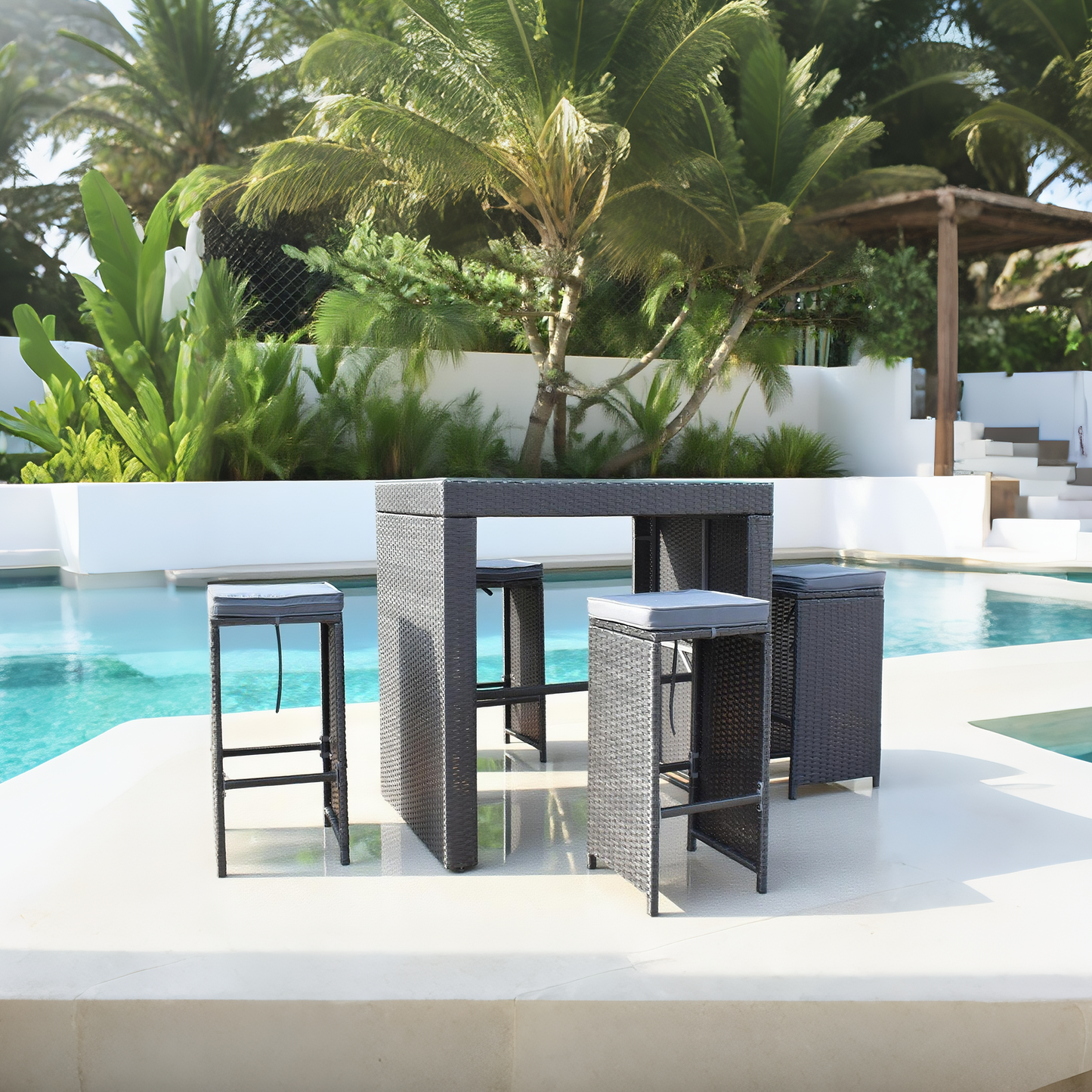 BTY2501 Black Wicker Modern Poolside Luxury Outdoor Bar Set (4-Piece) with Dark Grey Cushions & Black Glass High Table