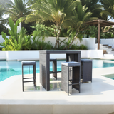 BTY2501 Black Wicker Modern Poolside Luxury Outdoor Bar Set (4-Piece) with Dark Grey Cushions & Black Glass High Table
