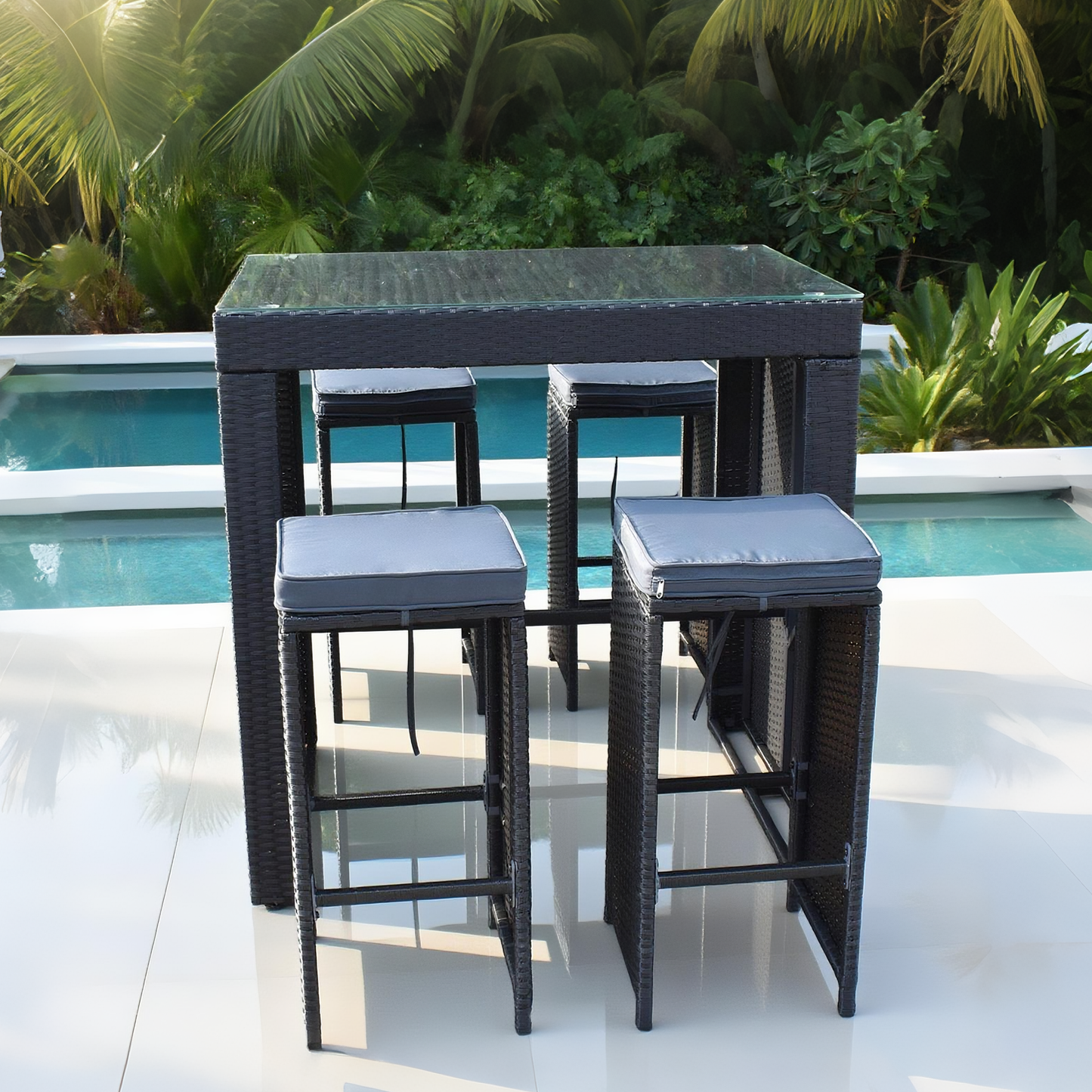 BTY2501 Black Wicker Modern Poolside Luxury Outdoor Bar Set (4-Piece) with Dark Grey Cushions & Black Glass High Table
