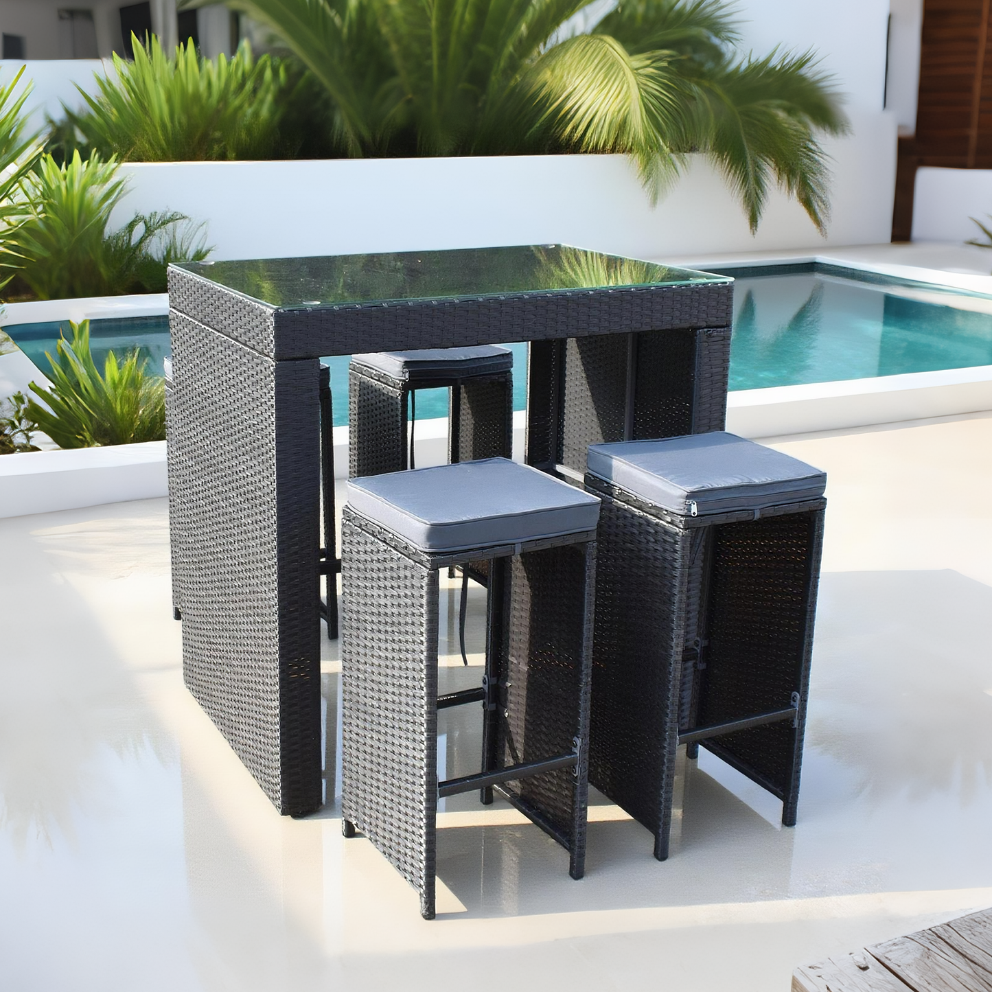 BTY2501 Black Wicker Modern Poolside Luxury Outdoor Bar Set (4-Piece) with Dark Grey Cushions & Black Glass High Table