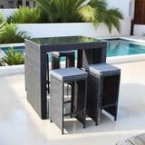 BTY2501 Black Wicker Modern Poolside Luxury Outdoor Bar Set (4-Piece) with Dark Grey Cushions & Black Glass High Table