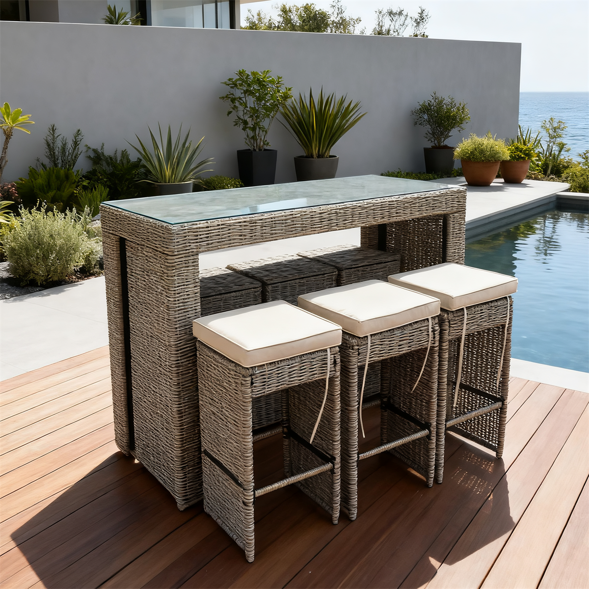 BTY2502 Light Grey Wicker Coastal Modern Luxury Outdoor Bar Set (with Hidden Stools) – Cream Cushions & Clear Glass Long Table