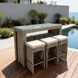 BTY2502 Light Grey Wicker Coastal Modern Luxury Outdoor Bar Set (with Hidden Stools) – Cream Cushions & Clear Glass Long Table